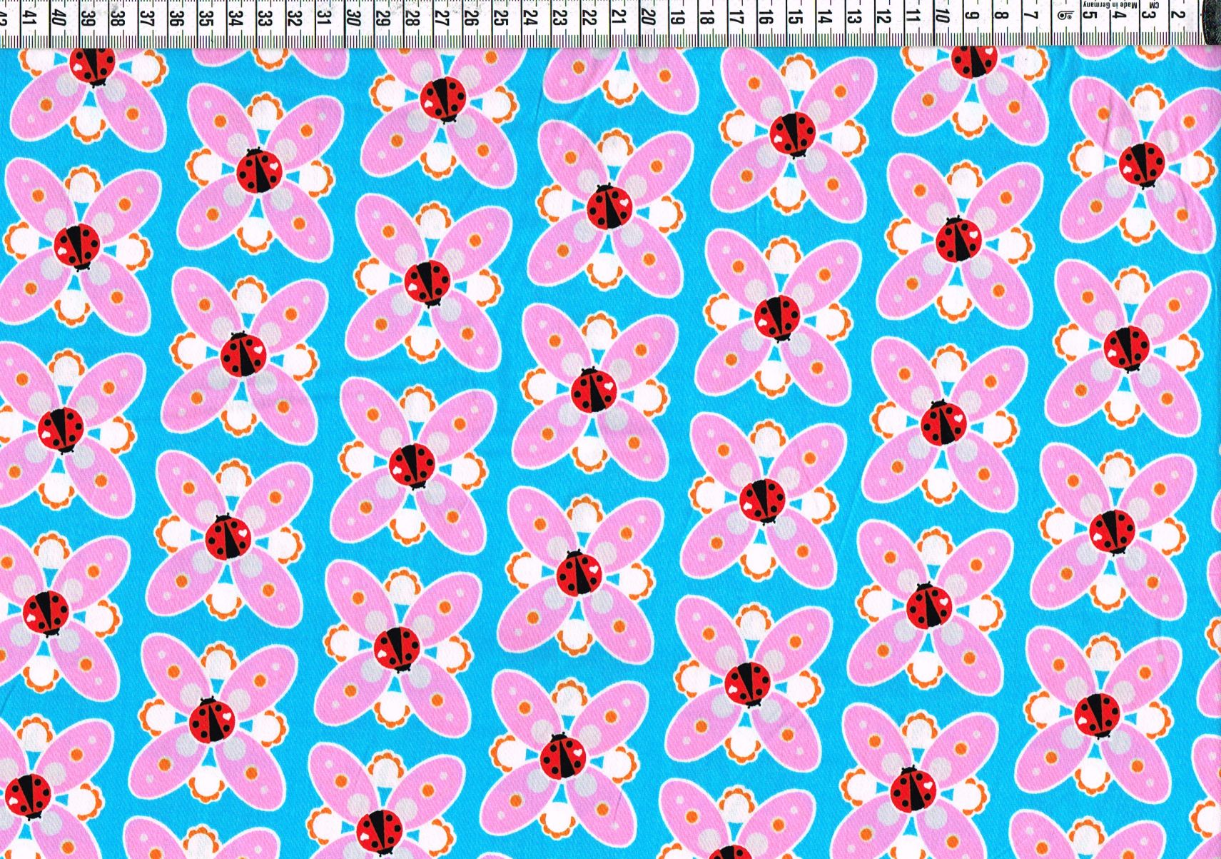 Baumwollgewebe - Marienkäfer vor Blüten - Cherry Picking -türkis