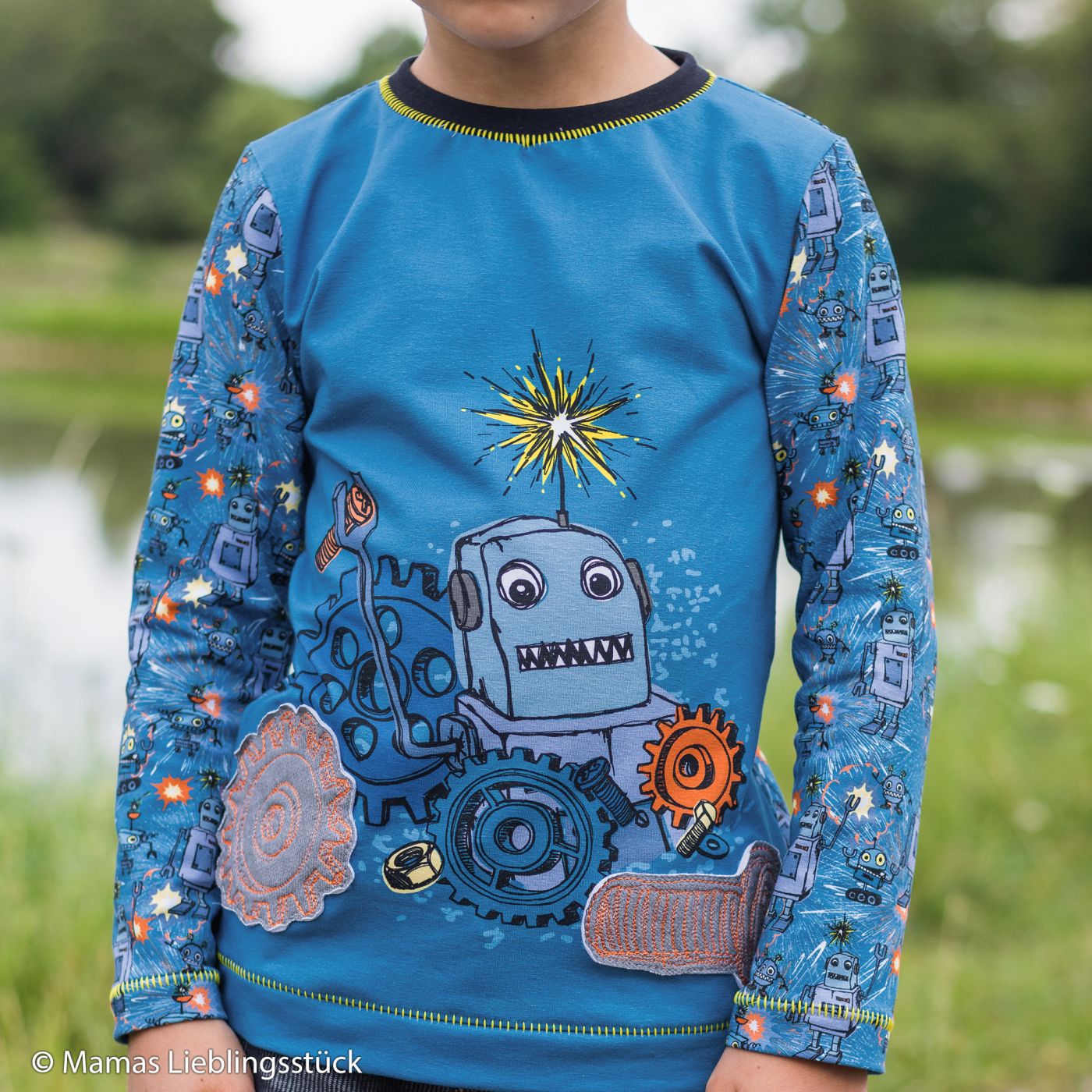 Baumwolljersey- Happy Metal - Panel Roboter blau