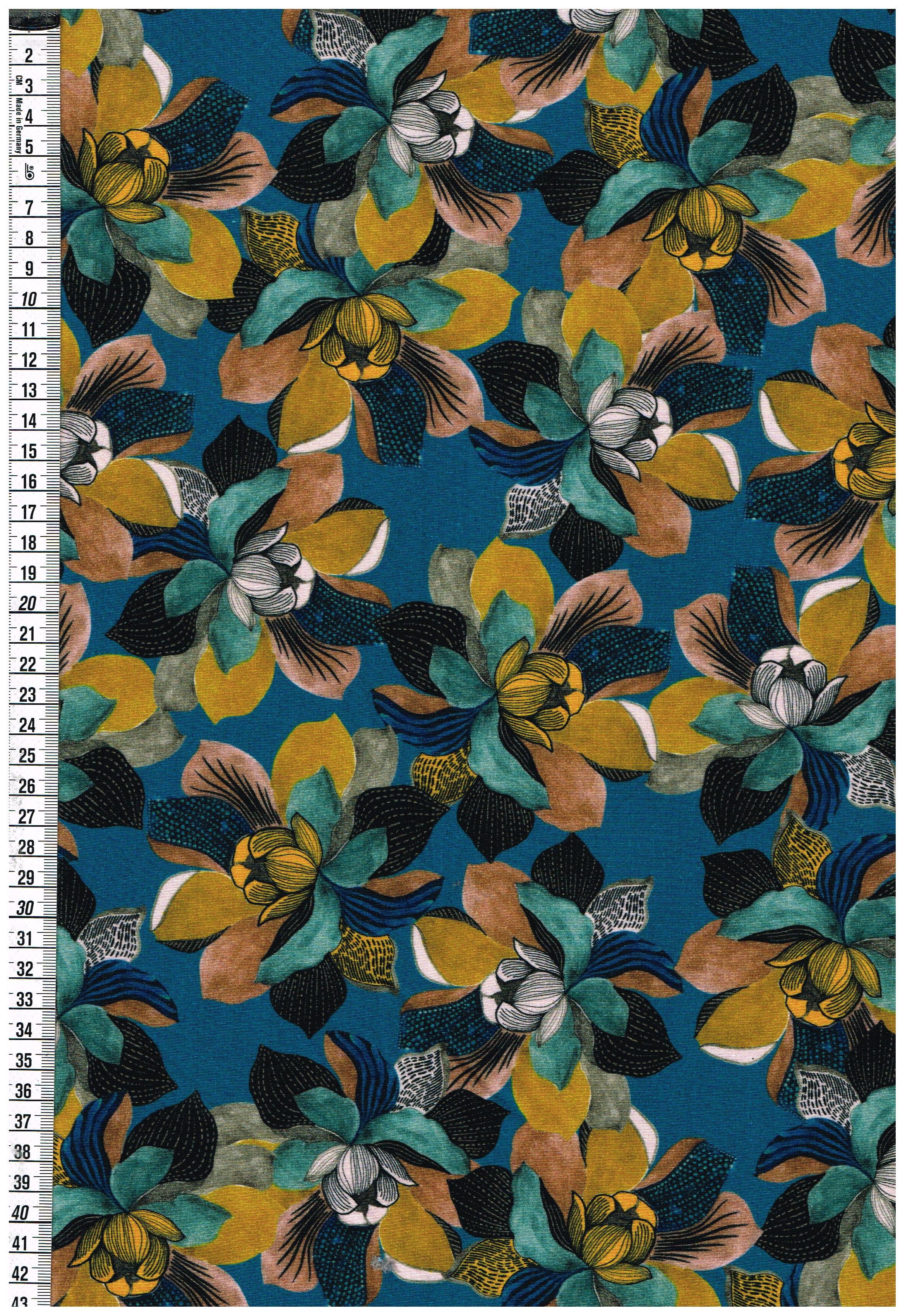 Viskosejersey - große Blüten - blau / gelb